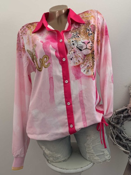 MISSY S 36 Bluse Hemdbluse rosa/pink Tiger mit Krone seitlich Bindebändchen Knopfleiste Neu Glitzer