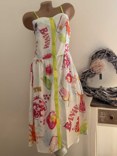 Kleid MISSY XL 42 Trägerkleid Sommerkleid Knopfleiste grün Banana Früchte Cocktail Print Mix Glitzer