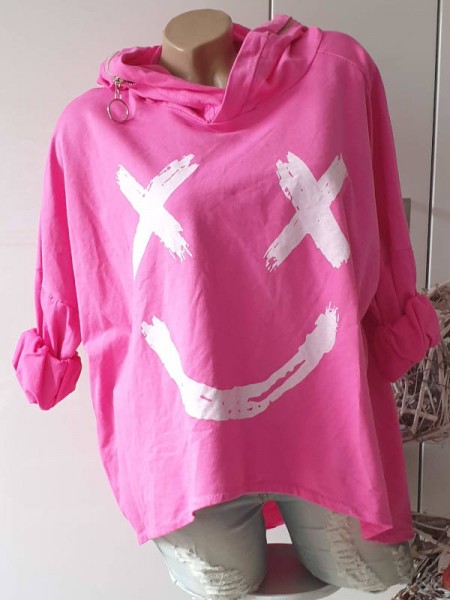 vokuhila Sweatshirt Made in Italy 38-44 Tunika Pullover hinten länger Kapuze Zipper pink weiss