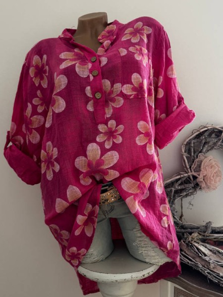 Long Hemdbluse Bluse Fischerhemd Musselin Leinen Optik 40-44 Tunika pink floral