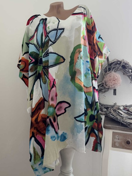 Kleid MISSY Onesize 38-42 weite Ärmel Tunika Kaftankleid weiss bunt gemustert NEU Glitzer Nieten