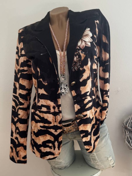 Blazer MISSY L 40 Neue Kollektion Kurzblazer Animalprint braun schwarz Leoblumen Glitzer