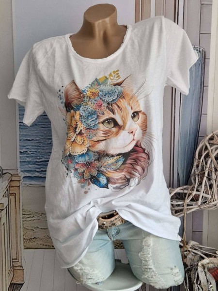 Blumen Katze Print Made in Italy T-Shirt Shirt Glitzer 36-40 Tunika Neu Nieten