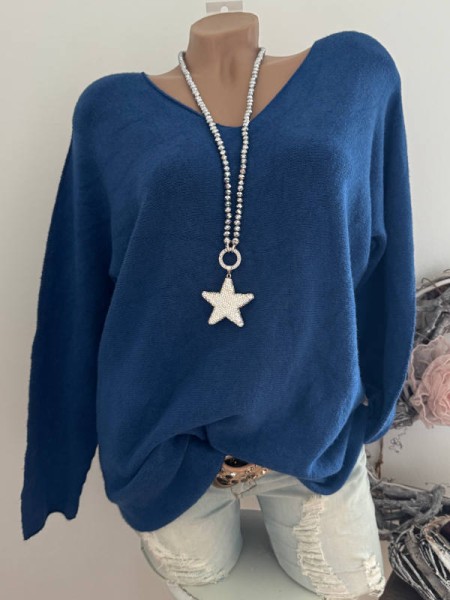 V-Neck Flausch Pullover Pulli royalblau 40-44 Neu Tunika Made in Italy