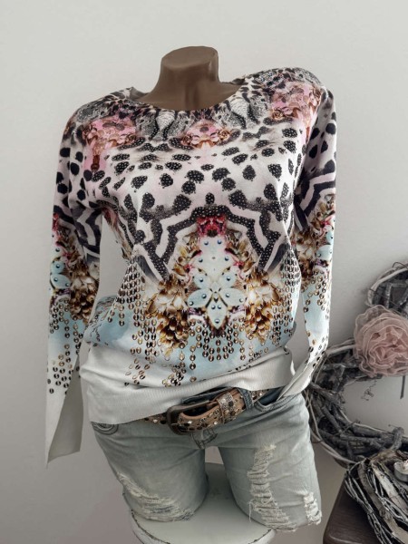 Pullover MISSY S/M 36 38 Leichter Feinstrick Pulli floral bunt Animal Rosen NEu Glitzer