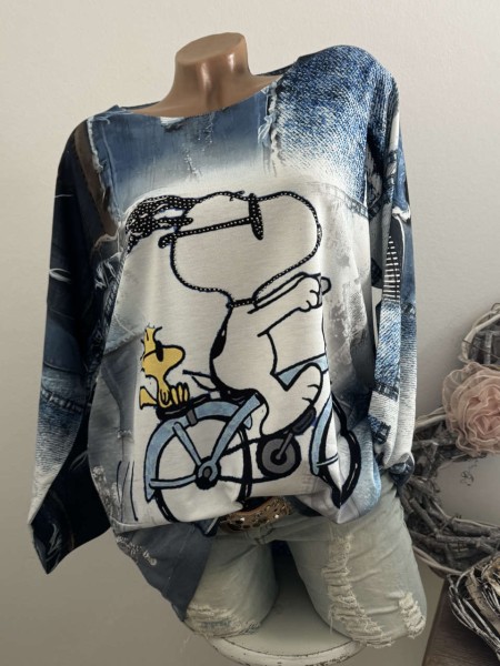 Longsleeve Tunika Glitzer Steinchen 40-44 Comic jeansblau bunt Made in Italy