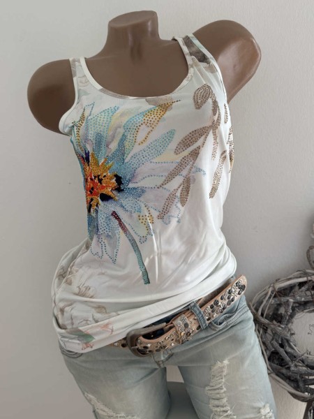 MISSY M 38 Trägertop Top Longtop weiss bunte Aquarell Blumen Print Nieten Neu
