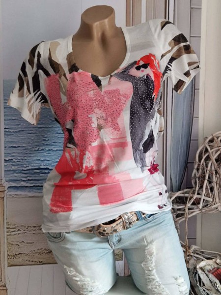 XL 42 MISSY T-Shirt Shirt weiss coralle rosa gemustert Glitzer Nieten NEU