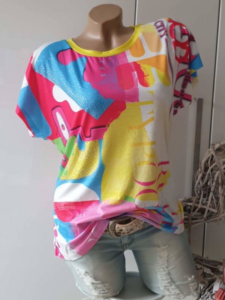 Neue Kollektion XL 42 leuchtend bunte Tunika MISSY T-Shirt Shirt Print Glitzer Nieten