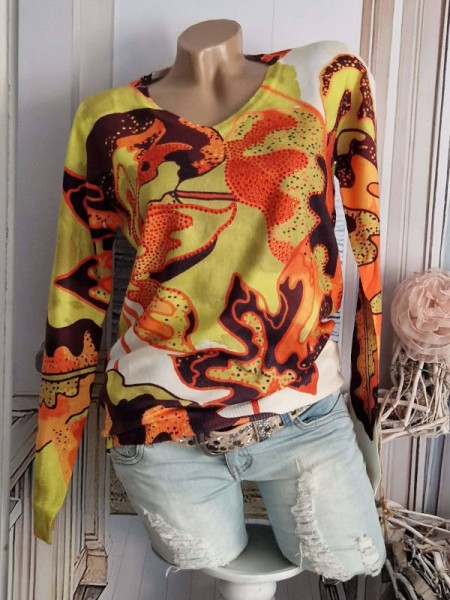 M/L 38 40 MISSY Feinstrickpulli Pullover gelb orange braun Glitzer Strass Nieten
