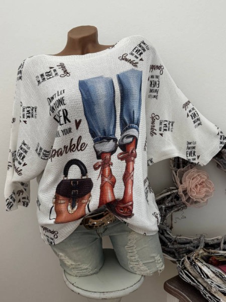 Tunika 36-42 Fledermausarm Fashion weiss bunt Print Feinstrick Pulli NEU Made in Italy