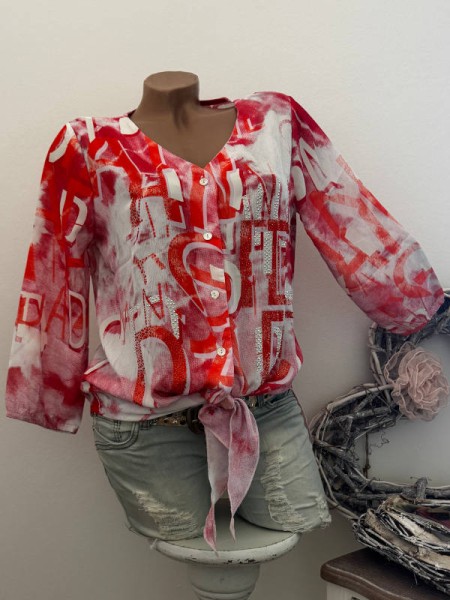 MISSY S 36 Bluse Hemdbluse Tunika coralle Letter Print vorne zum binden Nieten NEU