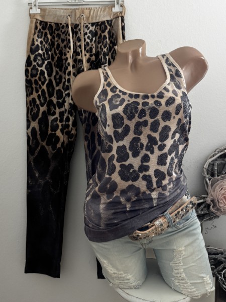 MISSY S 36 Trägertop Top Longtop Leo taupe schwarz Glitzer Nieten Neu