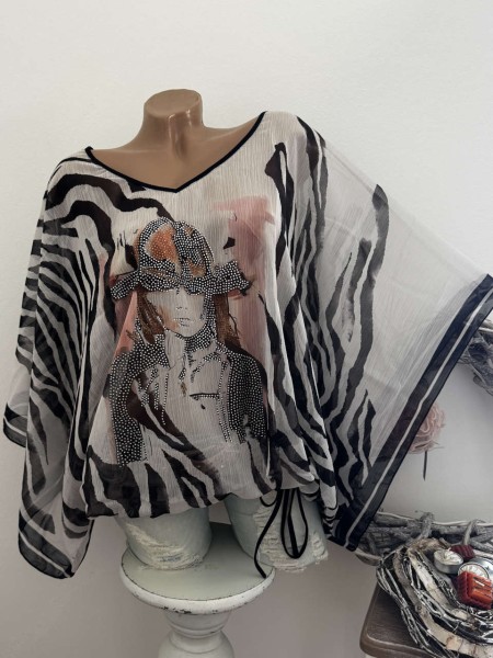 MISSY Chiffon Onesize 38-46 Tunika Tiger schwarz weiss Fashion sehr weite Ärmel Bund seitlich Saumen