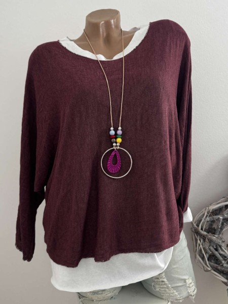 3tlg Tunika mit Top und Kette bordeaux/weiss Langarmshirt Made in Italy NEU 38-42