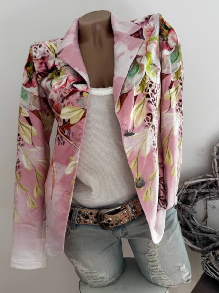 M 38 Blazer MISSY Kurzblazer rosa floral Glitzer Nieten Neu