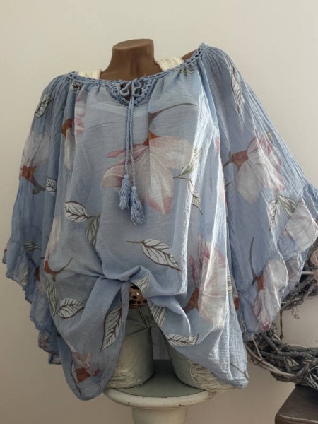Tunika Bluse 38 40 42 44 46 48 weite Ärmel hellblau floral Italy NEU
