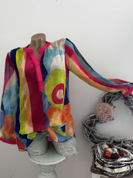 Missy M 38 Tunika Bluse V-Neck bunt Langarm Ärmel gesmokt Glitzersteinchen