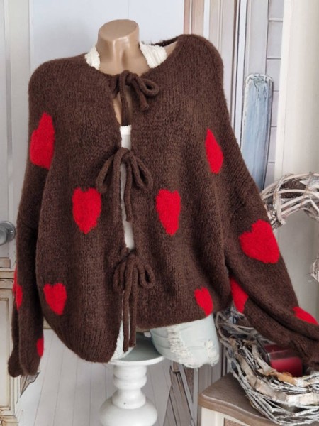 Cardigan Strickjacke kuschelig braun rot Herzchen Bindebändchen Made in Italy 42-46