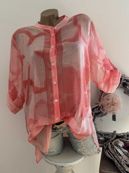 Bluse Missy M/L 38 40 Turn up Ärmel kragenlos Lachs rosa weiss Floral Glitzer Steinchen Neu