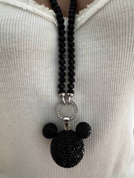 VARIO Halskette lang schwarze Kristallperlen Kette mit Strass Glitzer 3D "MOUSE KOPF " Anhänger Neu