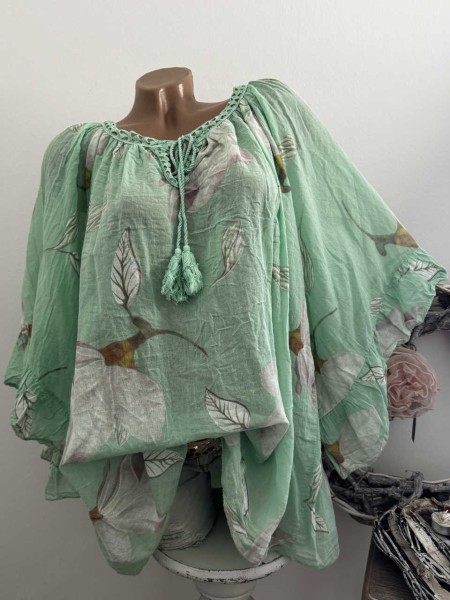 weite Ärmel mint floral Tunika Bluse 38-48 Baumwolle Made in Italy