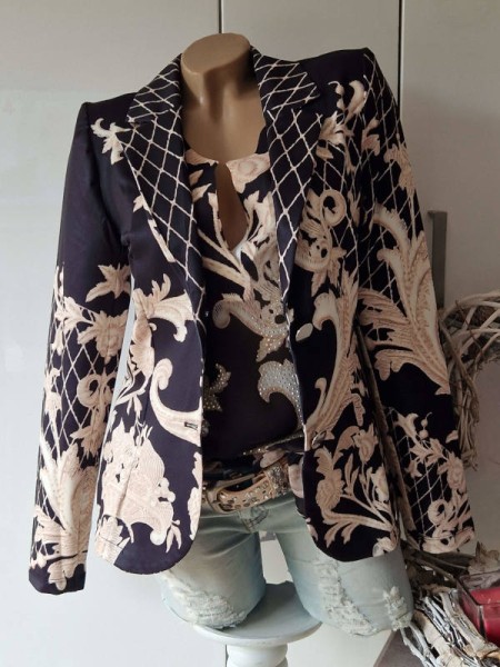 Edler MISSY Blazer M 38 Kurzblazer Jackett schwarz beige cremeweiss Ornamente hinten Glitzer Steinch