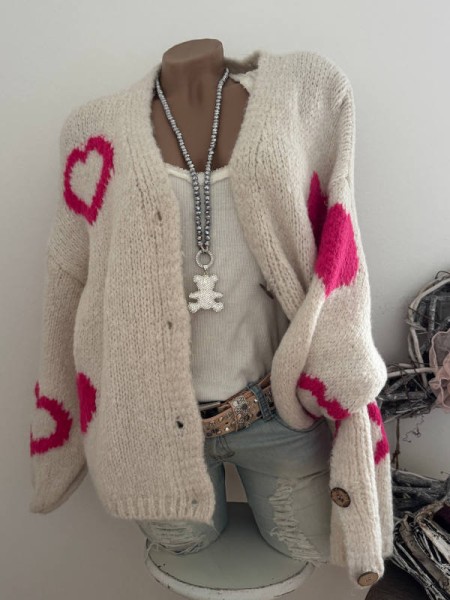 Cardigan Strickjacke mit Mohair Made in Italy 38-44 Ärmel überschnitten beige pink Herzen