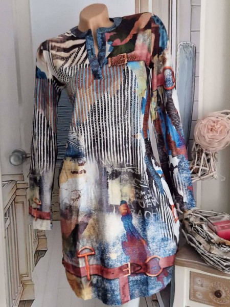 long Tunika Kleid L 40 MISSY V-Neck Taschen bunt gemustert mit Jeans /Gürtel Print Glitzer Nieten