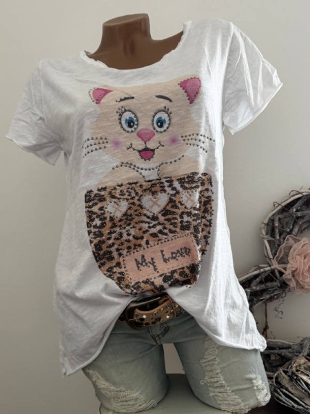 T-Shirt Shirt witzige Katze 36 38 40 42 Italy Nieten NEU weiss
