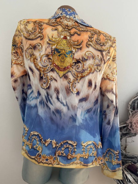 Blazer MISSY L 40 Neu Kurzblazer Brokatprint blau weiss gelb Glitzer Strass Steinchen Nieten