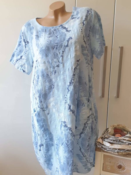 Kleid 42 44 46 Kurzarm Italy Tunika Leinen Weboptik Ballonform Batik blau gemustert Taschen