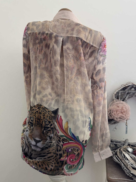 Bluse MISSY L 40 Hemdbluse Leo Animal ornamente Blumen Print beige sand Neu Glitzer Steinchen