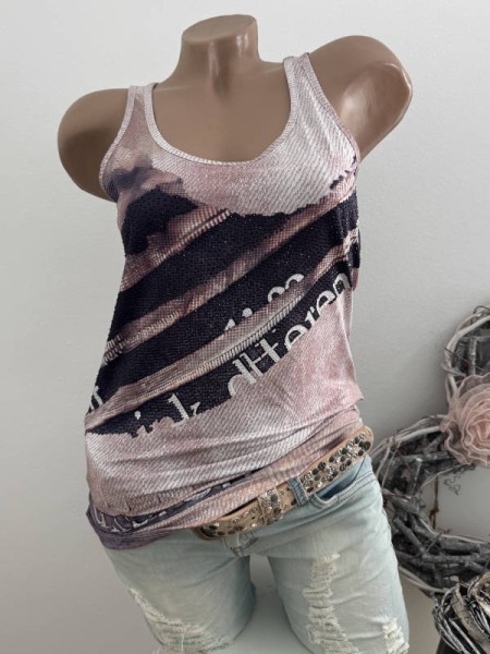 MISSY L 40 Trägertop Top Longtop taupe braunbeige schwarz Letterprint Glitzer Nieten Neu