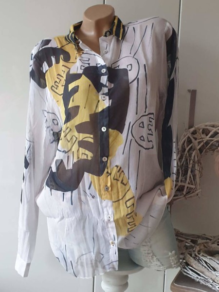 Bluse Hemdbluse MISSY S 36 Tunika zum knöpfen NEU Neue Kollektion weiss schwarz gelb Mix Print