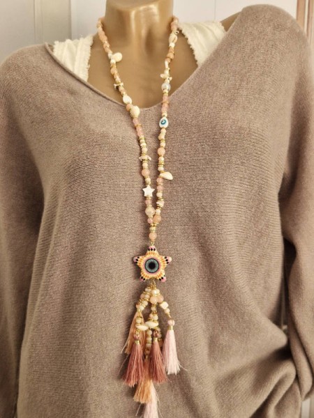 lange Boho Kette Halskette Steine Perlen Quaste rosa rosé Neu