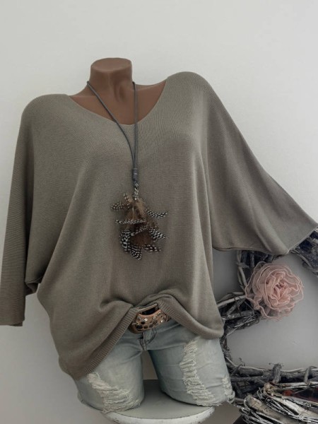 grau Tunika Glattstrick Fledermausarm 1/2 Ärmel Pullover Oversized Italy 38-42