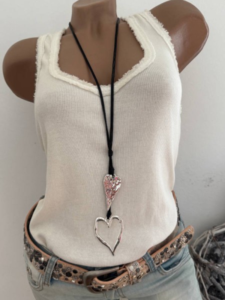 lange Halskette Kette ZWEI HERZEN Anhänger silber/schwarz Schmuck Kette