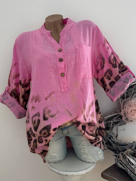 Tunika Bluse pink gemustert Hemdbluse Made in Italy 38-42 Musselin Leinenoptik
