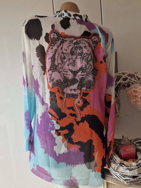 M 38 MISSY Bluse Tunika zum Knöpfen Hemdbluse bunt Glitzer Tiger Print NEU