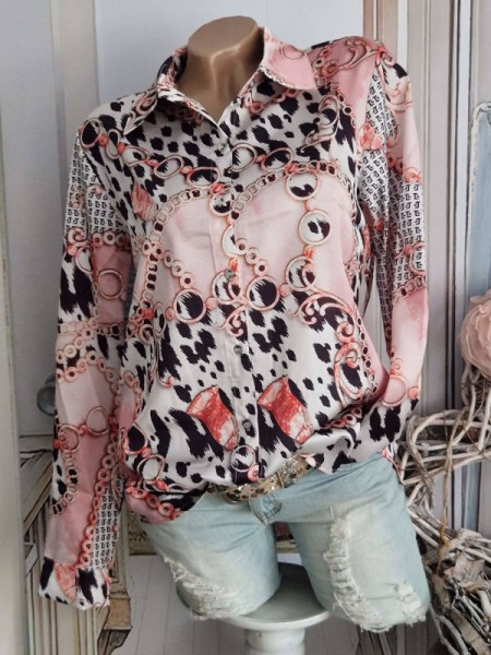 MISSY Bluse Satinbluse XL 42 Hemdbluse rosa Leo weiss schwarz Gliederkettenprint Neue Kollektion