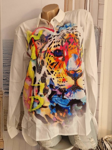 Hemdbluse Bluse XL 42 MISSY Bluse weiss bunt Tiger hinten etwas länger ausgefallen