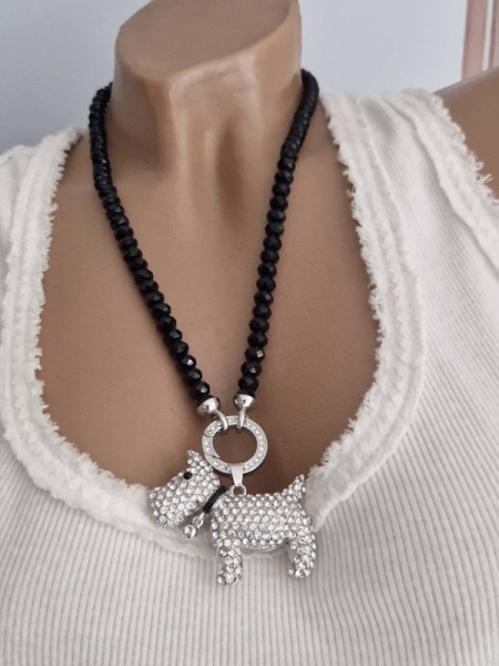 VARIO Halskette kurz schwarz Kristallperlen Kette mit "HUND" Anhänger Neu