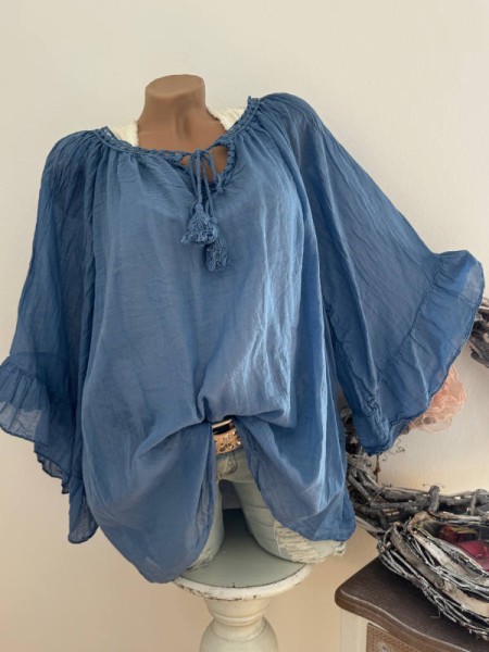 Tunika Bluse blau weite Ärmel Bindebändchen 38-48 Made in Italy Neu