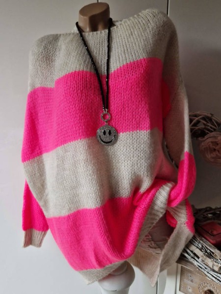hinten Länger oversized Pulli 40-46 beige/neon pink Longpulli Blockstreifen Made in Italy
