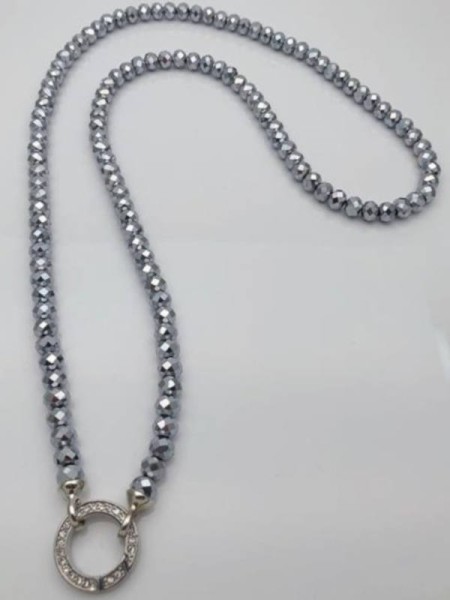 lang (40cm) VARIO Kristallperlen SILBERFARBEN Kette Halskette Ring zum Öffnen Strass Steinchen Neu