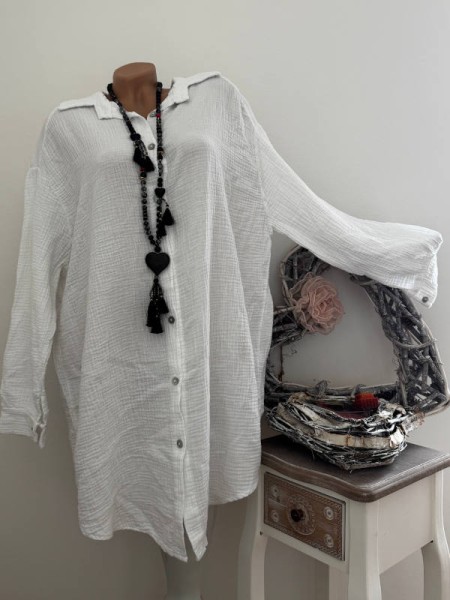 Bluse Longbluse Blusenkleid weiss 40-46 Long Tunika Musselin Baumwolle NEU Italy