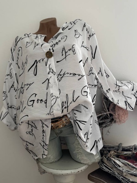 Bluse Tunika Baumwolle grosser Knopf weiss Letterprint gemustert 38-42 Made in Italy NEU