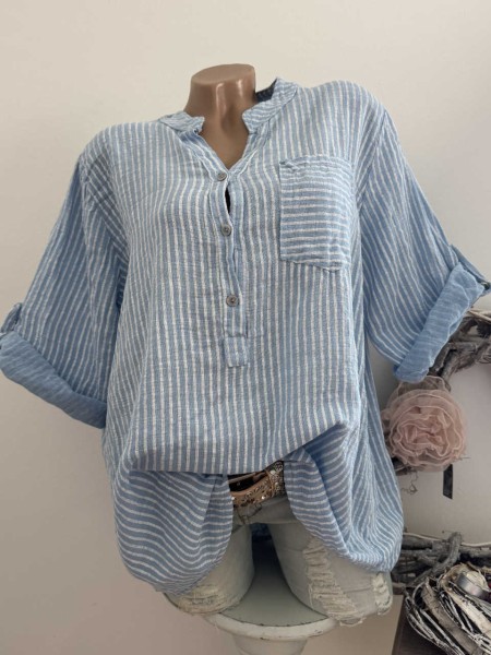 zart gestreifte Tunika Made in Italy blau/weiss Bluse Brusttasche Musselin Baumwolle 38-44