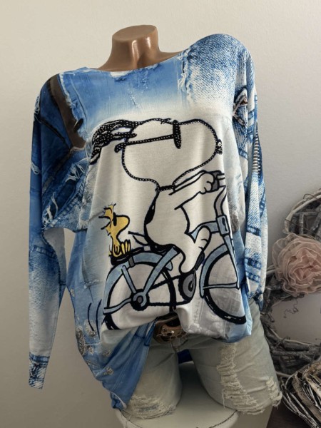 Longsleeve Tunika Glitzer Steinchen 40-44 Comic blau bunt Made in Italy
